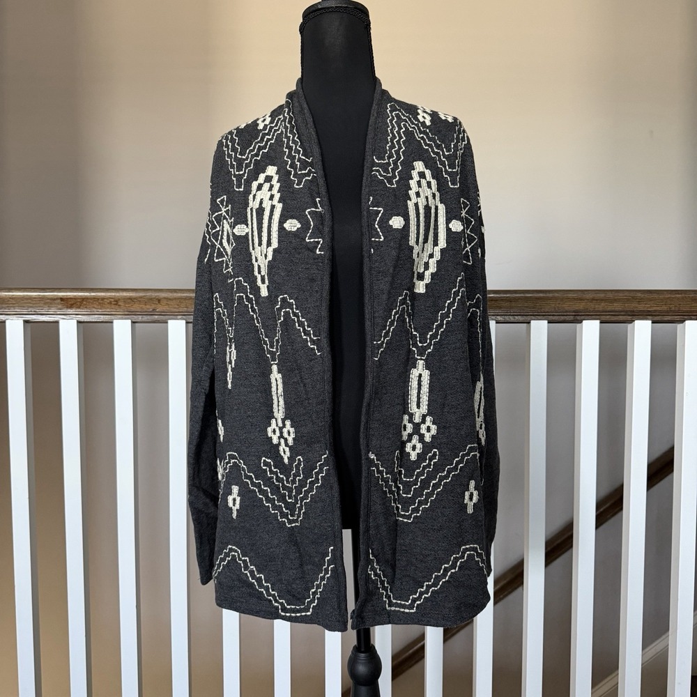 Lucky Brand Lotus Gray Southwest Embroidered Cardigan Small Boho Aztec Western